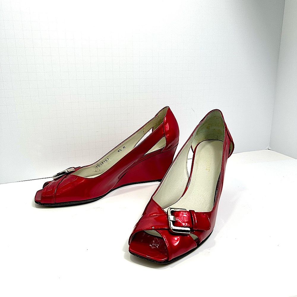 Mr. Seymour Red Patent Peep-Toe Wedges | Size 8.5 | Vintage Glam